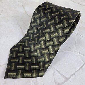 J Ferrar 100% Silk Men's Tie Black & Gold Basketweave Pattern